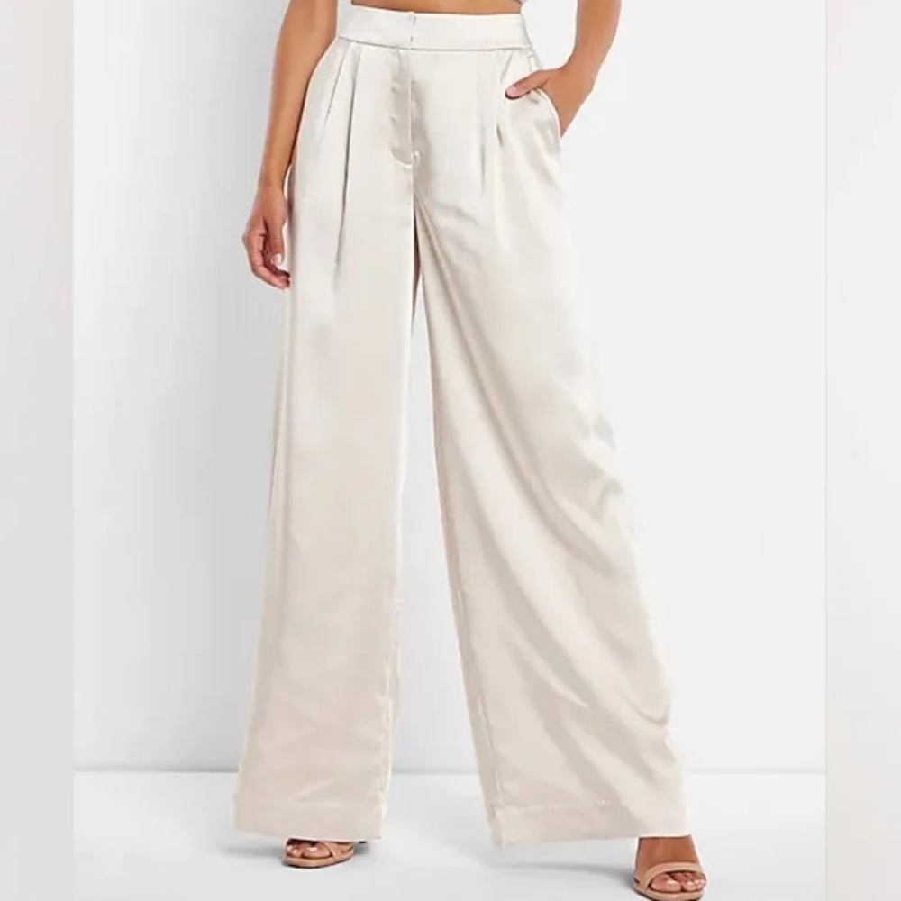 Express High Waisted Cream Wide Leg Satin Pants